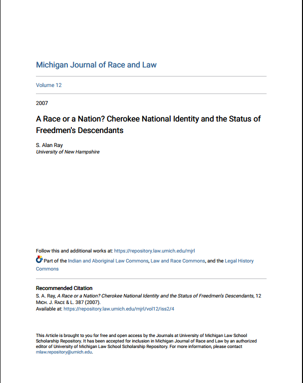 A Race or a Nation Cherokee National Identity and the Status of Freedmen's Descendants