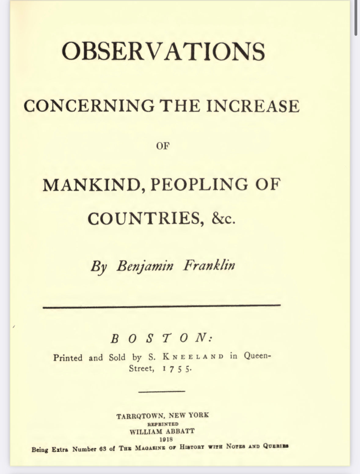 Observations concerning The Increase of Mankind , Peopling of Countries &c.